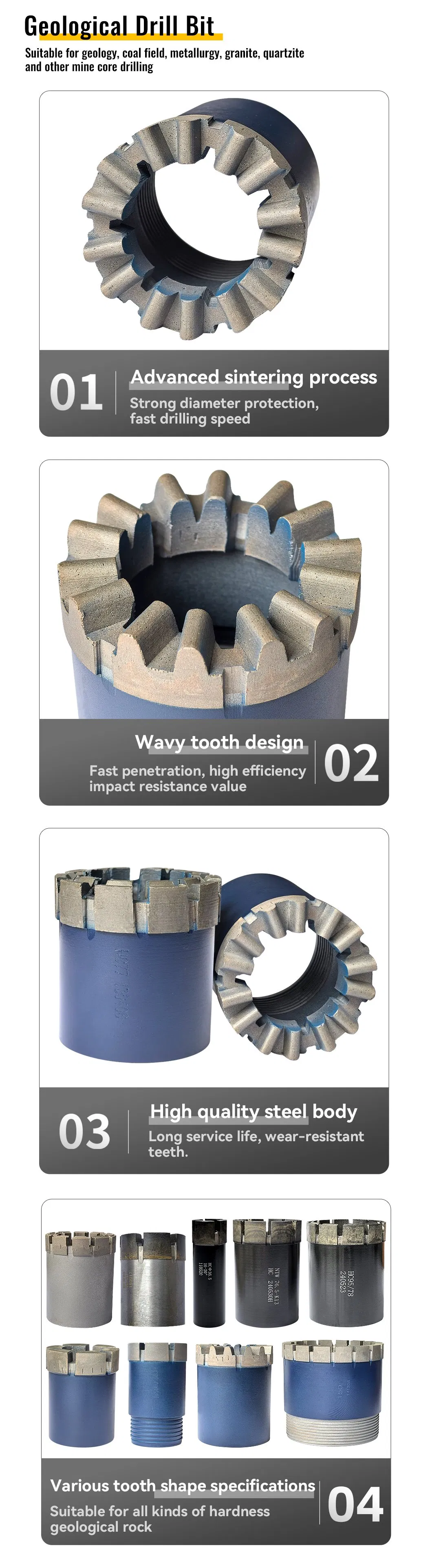 Cheap Price 77mm Geological Diamond Core Drill Bits with Wavy Tooth Rock Concrete Drilling