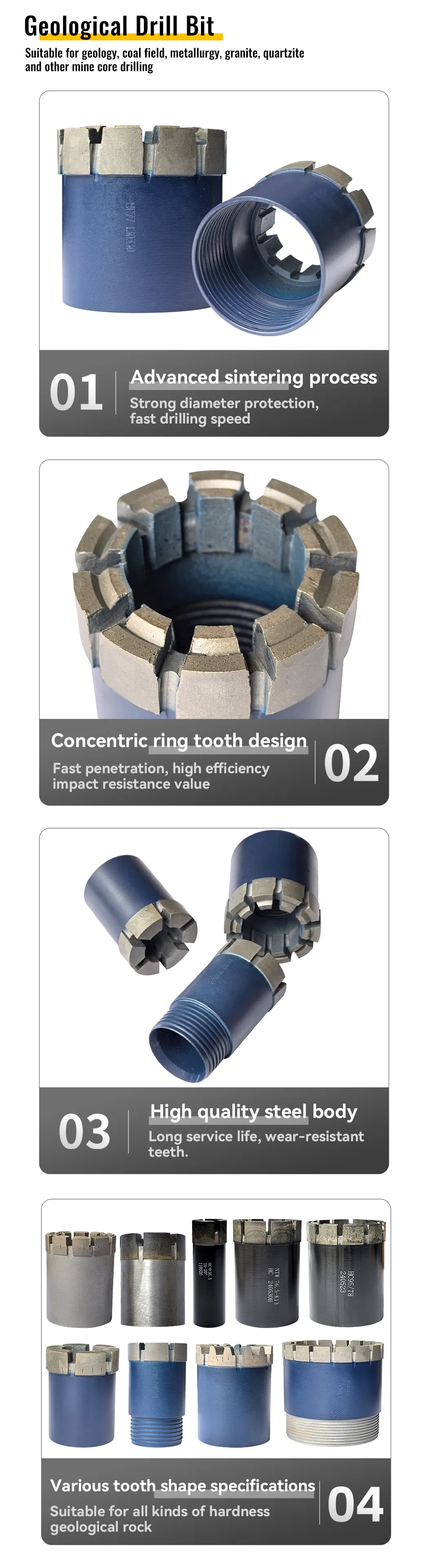 Easy to Operate Sintered Diamond Core Drill Bits 77mm for Geological Exploration Rock Drilling